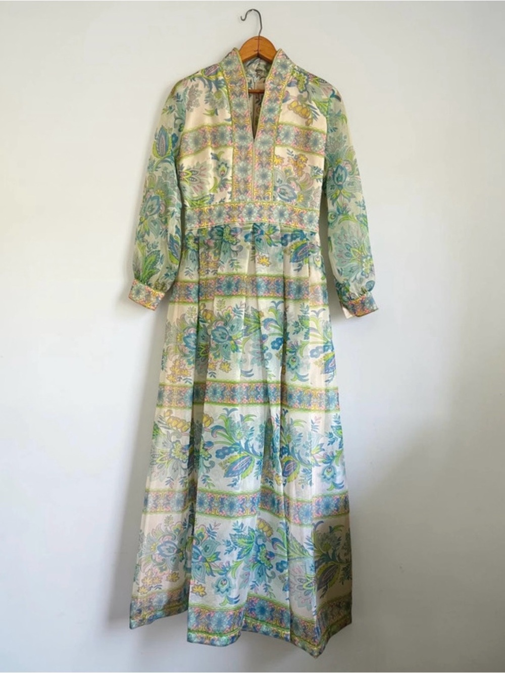 Vintage 1970s Blue Paisley Floral Hostess Dress Gown
